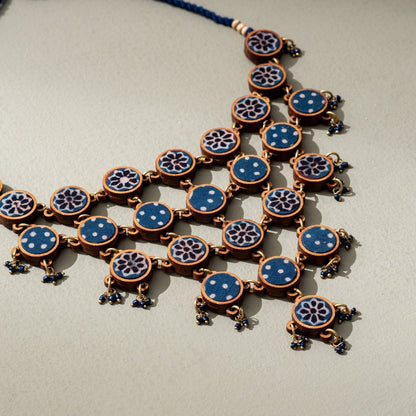 Blue Ajrakh Repurposed Fabric & Wood Statement Necklace Earrings Set – Womens Earrings on Brown Living™. SKU: JCC021. Img 5.