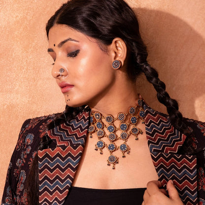Blue Ajrakh Repurposed Fabric & Wood Statement Necklace Earrings Set – Womens Earrings on Brown Living™. SKU: JCC021. Img 2.