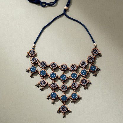 Blue Ajrakh Repurposed Fabric & Wood Statement Necklace Earrings Set – Womens Earrings on Brown Living™. SKU: JCC021. Img 4.