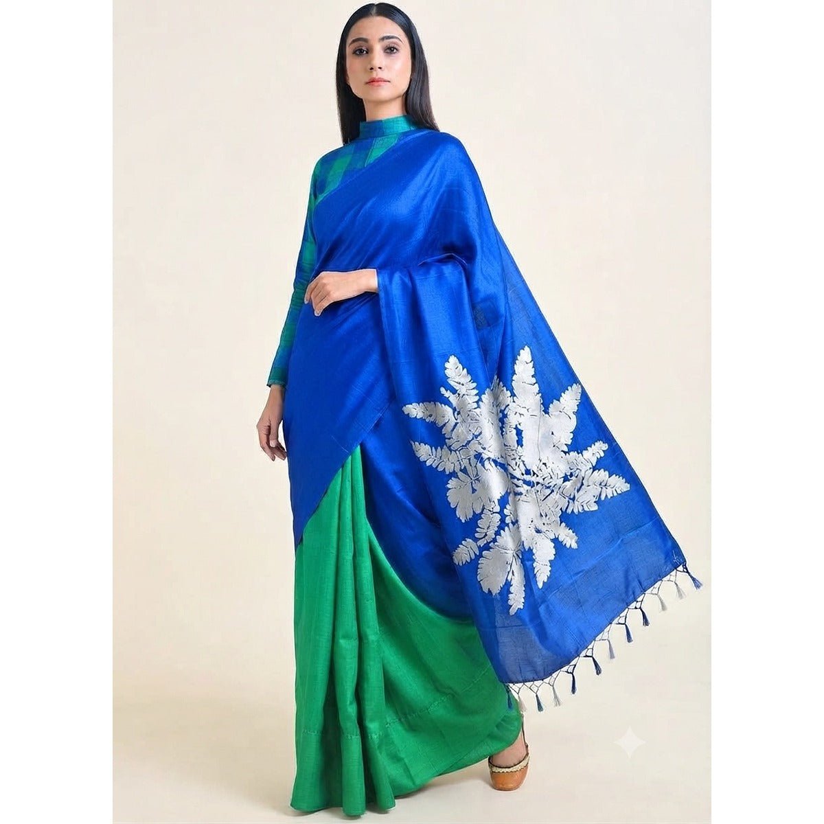 Blue Bada Patta Mulberry Silk Saree | 100% Natural Silk – Womens Saree on Brown Living™. SKU: NAESA21. Img 3.