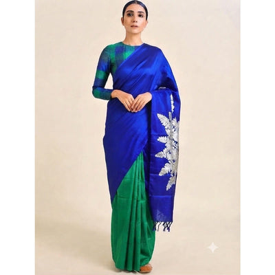 Blue Bada Patta Mulberry Silk Saree | 100% Natural Silk – Womens Saree on Brown Living™. SKU: NAESA21. Img 1.