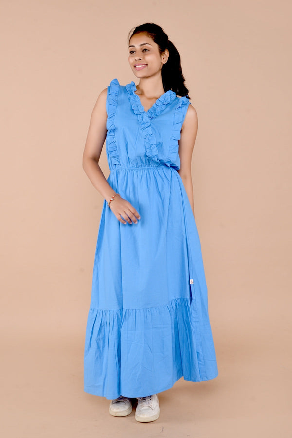 Blue Full Length Handloom Cotton Dress With Frill Detail | Verified Sustainable Womens Dress on Brown Living™