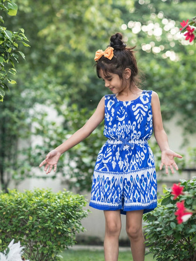 Blue Ikat Romper For Girls | Regular Fit Comfortable Ethnic Wear – Kids Daywear Sets on Brown Living™. SKU: PG170_1. Img 4.