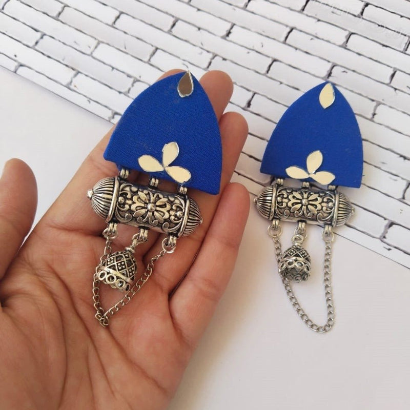 Blue Mirror Kundan Oxidized Jhumka with Chain | Verified Sustainable Womens earrings on Brown Living™