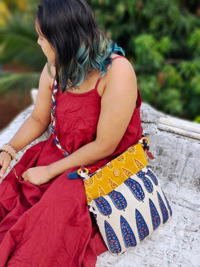 Blue & Off - white Hand Block Printed Braided Ethnic Sling Bags – Tote Bag on Brown Living™. SKU: 076 - 16634 - AS - BPBG - 0024028. Img 1.