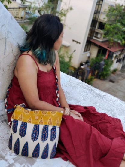 Blue & Off - white Hand Block Printed Braided Ethnic Sling Bags | Verified Sustainable by Brown Living™