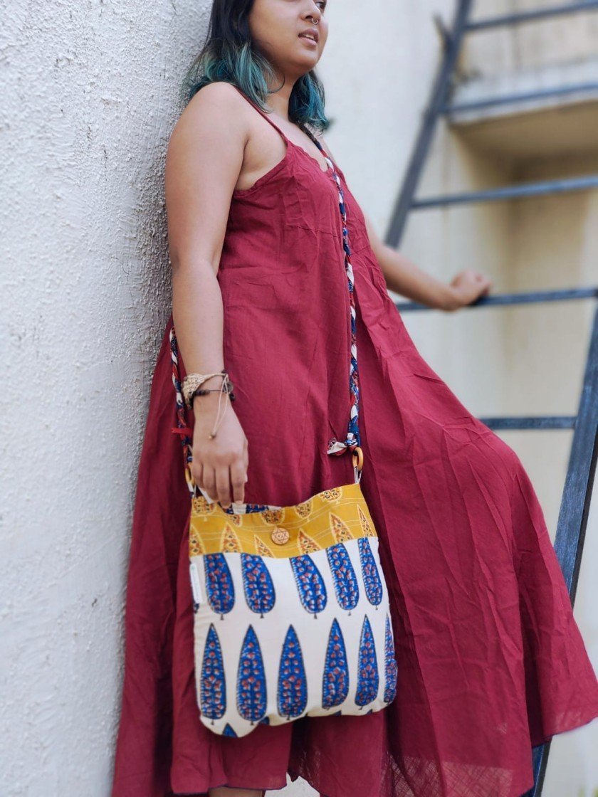 Blue & Off - white Hand Block Printed Braided Ethnic Sling Bags | Verified Sustainable by Brown Living™