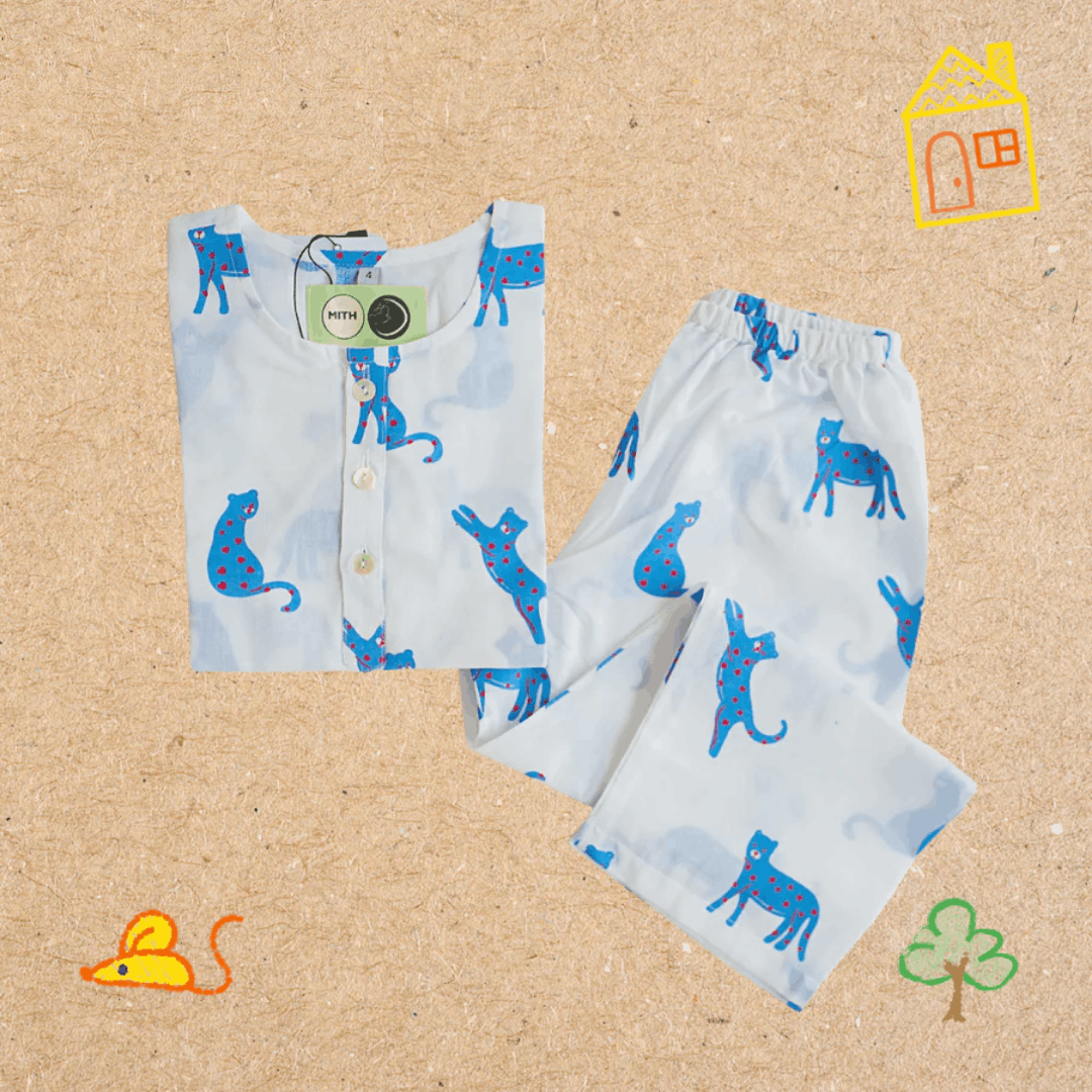 Blue Panther - Unisex Kids Cotton Nightwear – Kids Pyjamas on Brown Living™. SKU: MITHNW-028-1. Img 1.