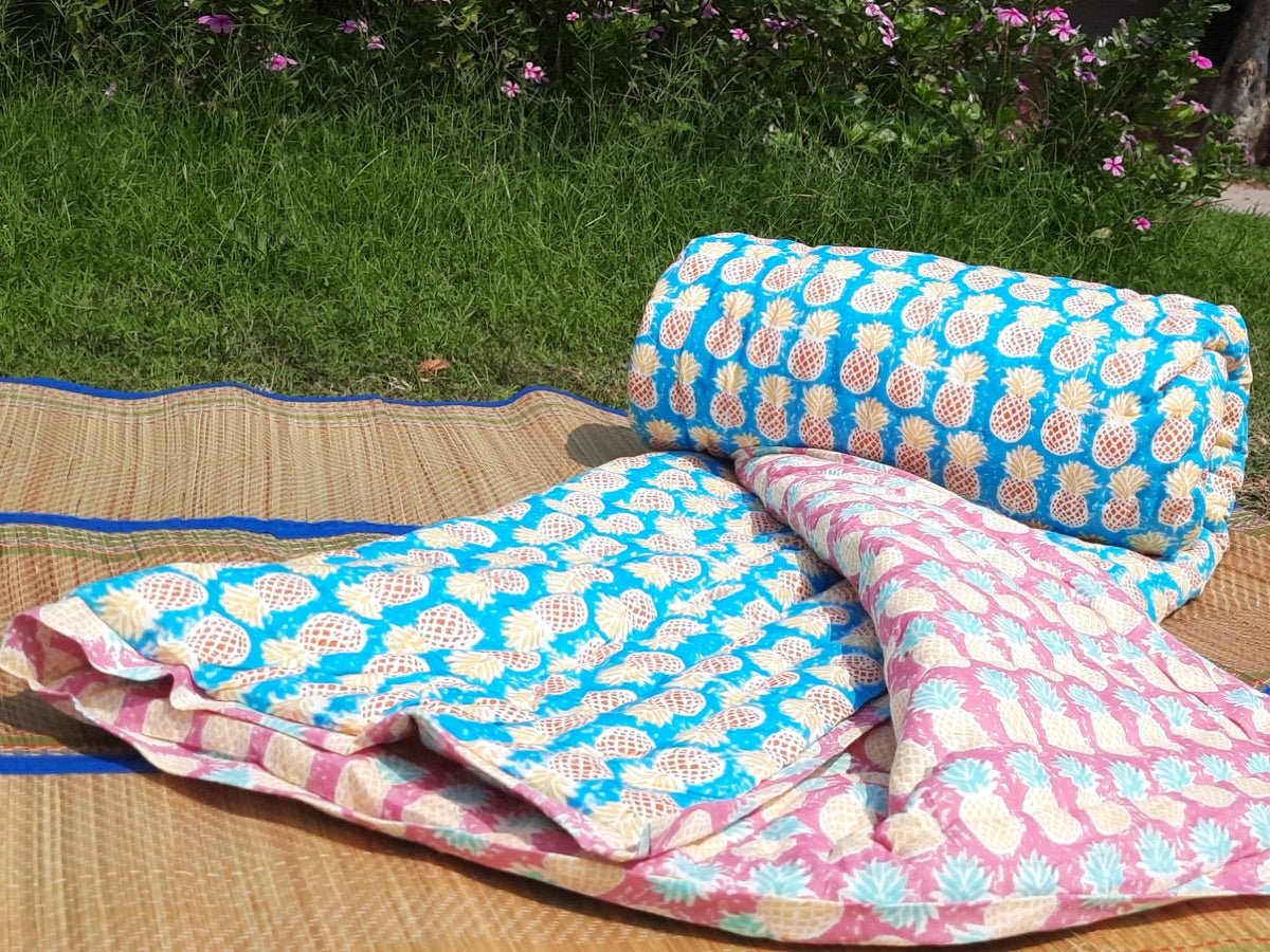 Blue & Pink Pineapple Kids Handmade Quilt | Verified Sustainable by Brown Living™