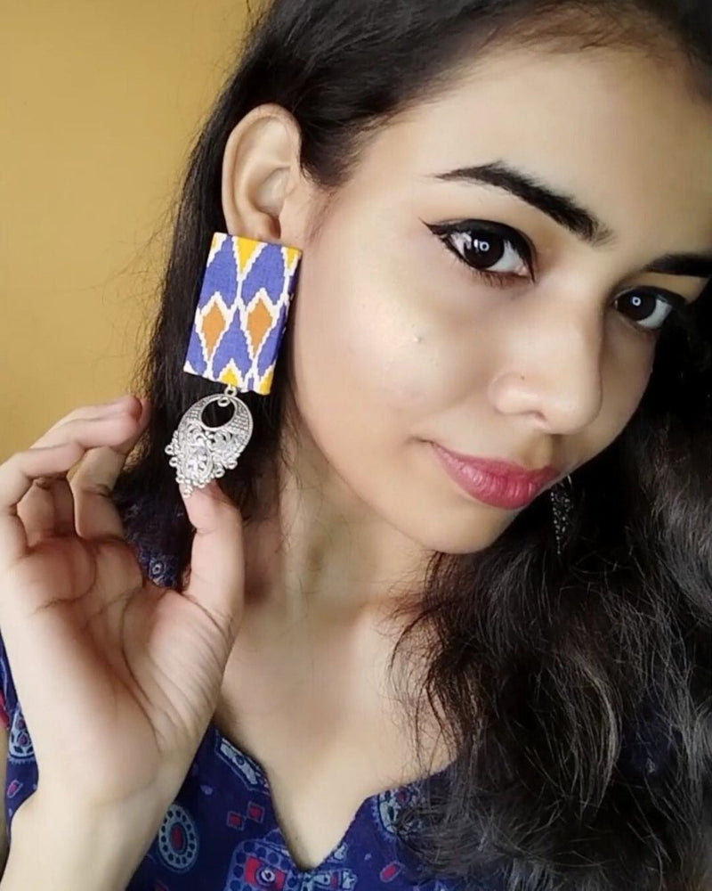 Blue Printed Rectangular Fabric Earrings | Verified Sustainable by Brown Living™