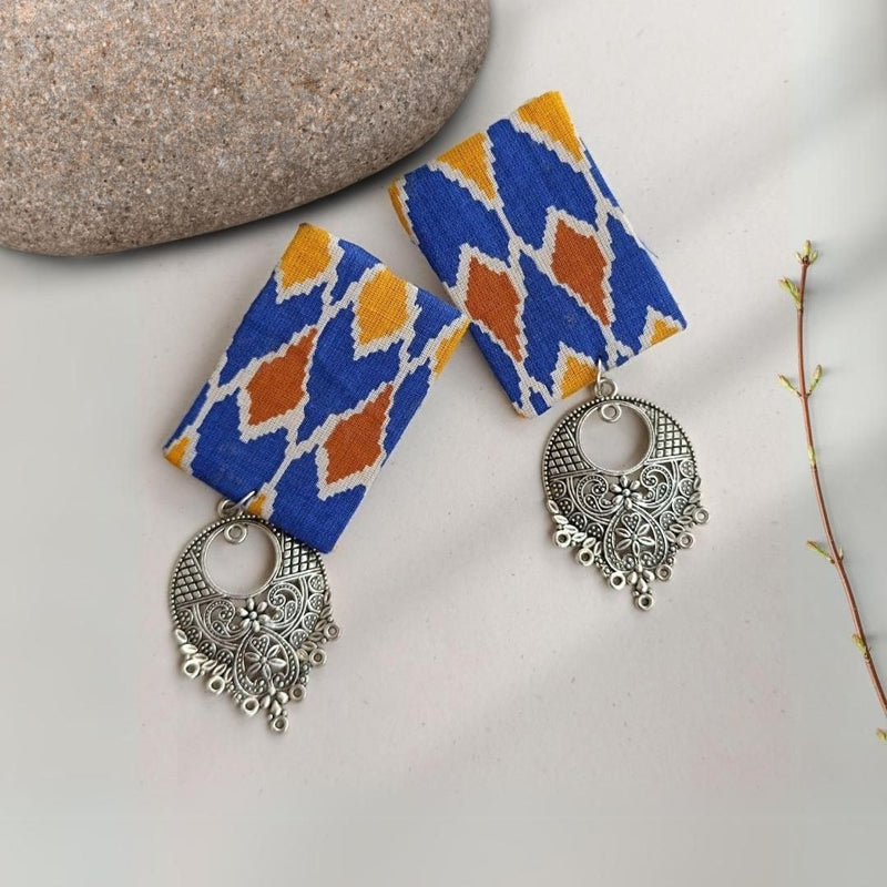 Blue Printed Rectangular Fabric Earrings | Verified Sustainable by Brown Living™