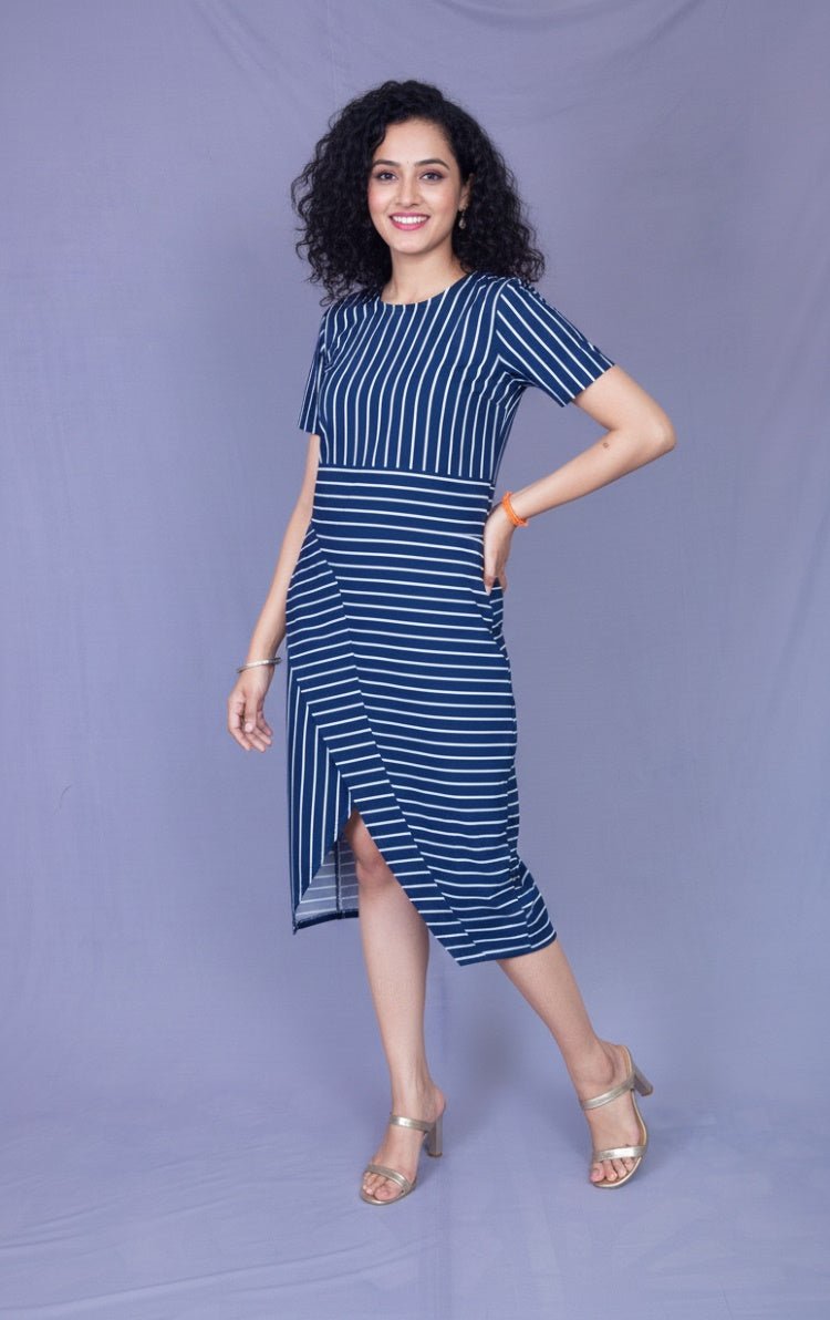 Blue Striped Cotton Dress – Comfortable & Stylish Everyday Wear for Women – Womens Dress on Brown Living™. SKU: MD22007XS. Img 2.