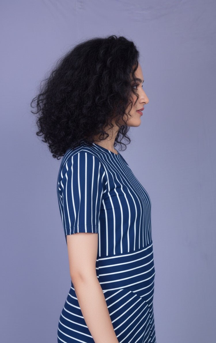 Blue Striped Cotton Dress – Comfortable & Stylish Everyday Wear for Women – Womens Dress on Brown Living™. SKU: MD22007XS. Img 4.