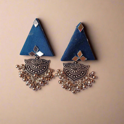 Blue Triangular Jhumka Earrings with Silver Charm | Verified Sustainable by Brown Living™