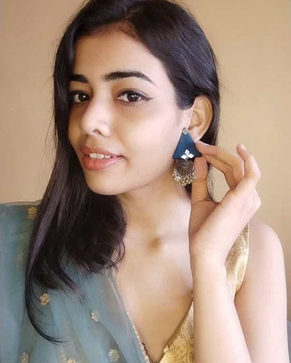 Blue Triangular Jhumka Earrings with Silver Charm | Verified Sustainable by Brown Living™