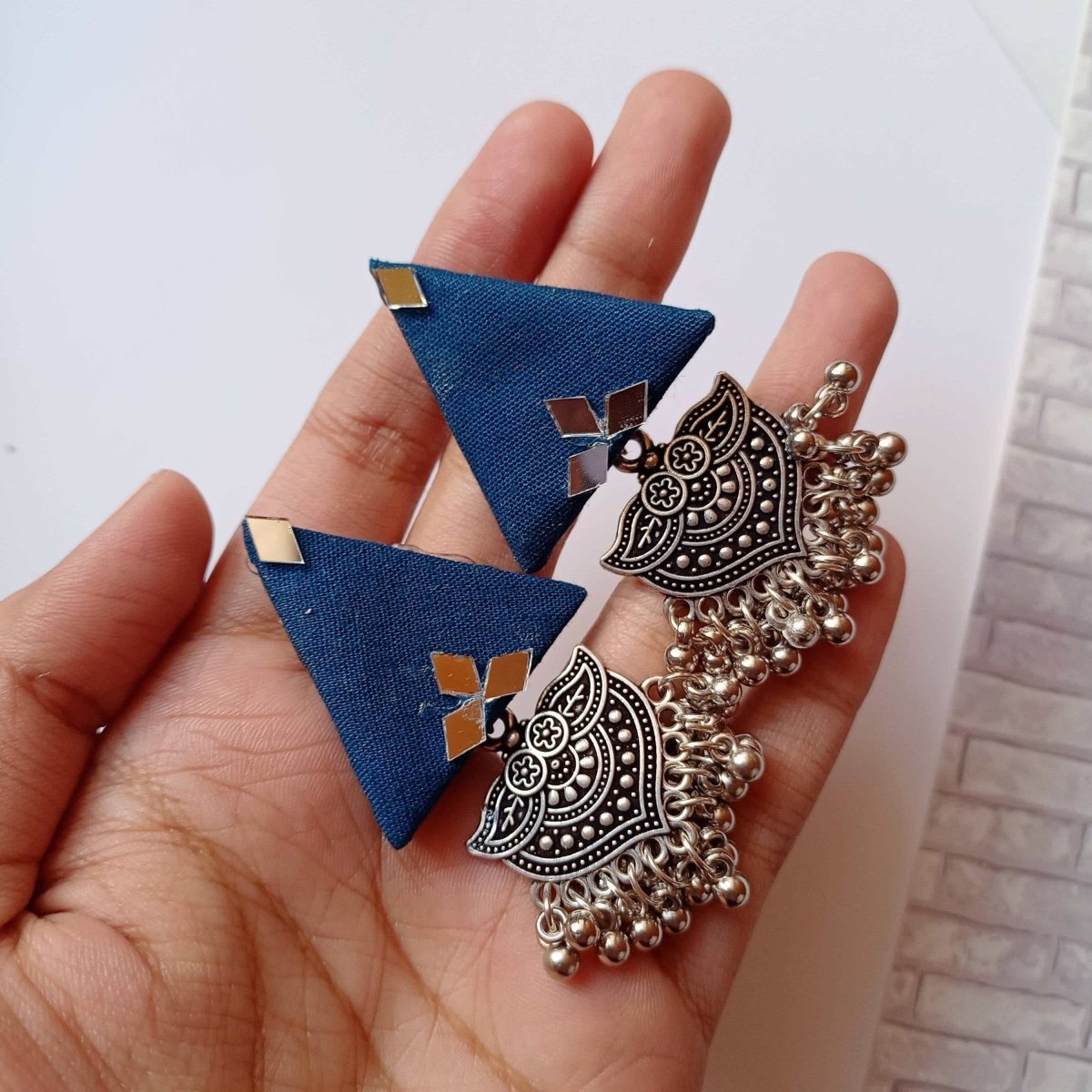 Blue Triangular Jhumka Earrings with Silver Charm | Verified Sustainable by Brown Living™