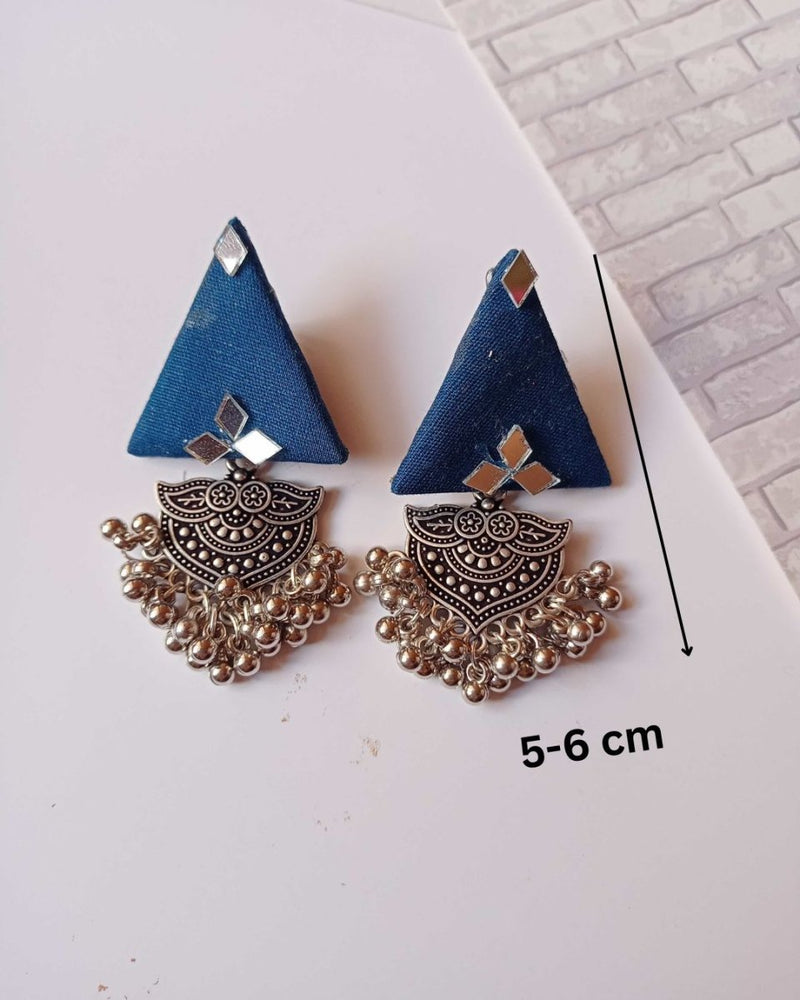 Blue Triangular Jhumka Earrings with Silver Charm | Verified Sustainable Womens earrings on Brown Living™