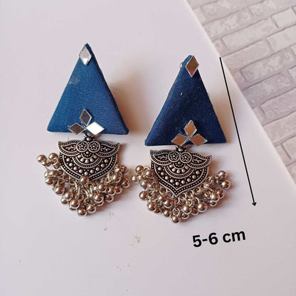 Blue Triangular Jhumka Earrings with Silver Charm | Verified Sustainable by Brown Living™