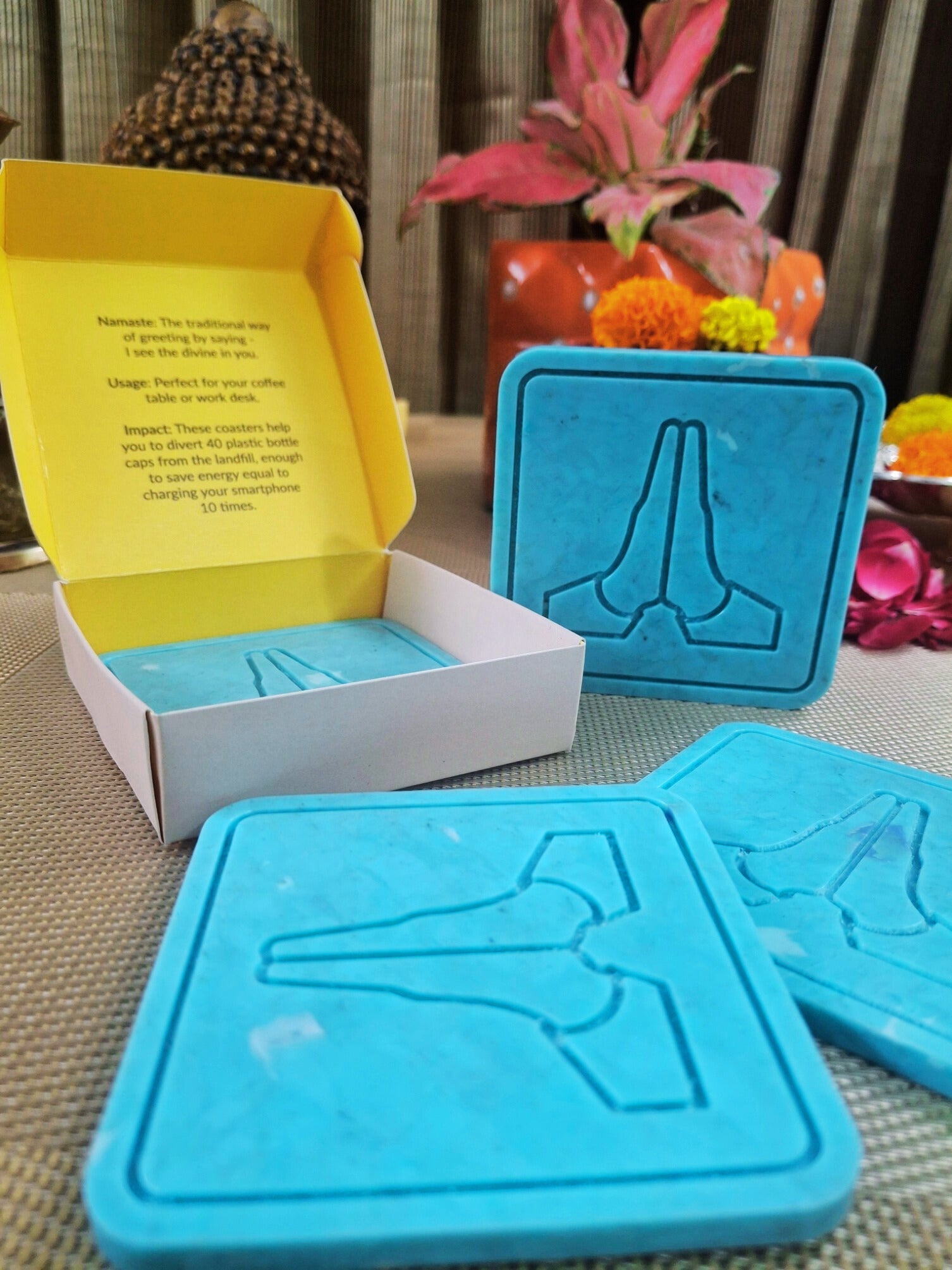 Blue Upcycled Coasters Set of 4 – Made from Recycled Plastic Waste – Table Decor on Brown Living™. SKU: UC003. Img 1.