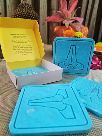 Blue Upcycled Coasters Set of 4 – Made from Recycled Plastic Waste – Table Decor on Brown Living™. SKU: UC003. Img 1.
