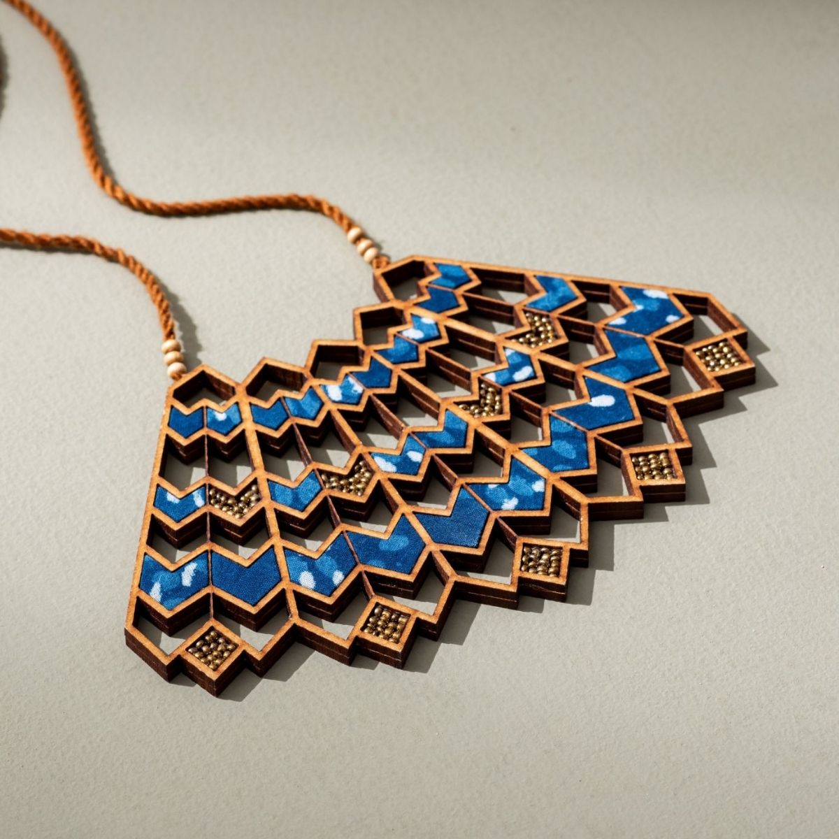 Blue Wave Kalamkari Repurposed Fabric & Wood Necklace Earrings Set – Womens Earrings on Brown Living™. SKU: JCC022. Img 4.