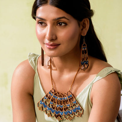 Blue Wave Kalamkari Repurposed Fabric & Wood Necklace Earrings Set – Womens Earrings on Brown Living™. SKU: JCC022. Img 2.