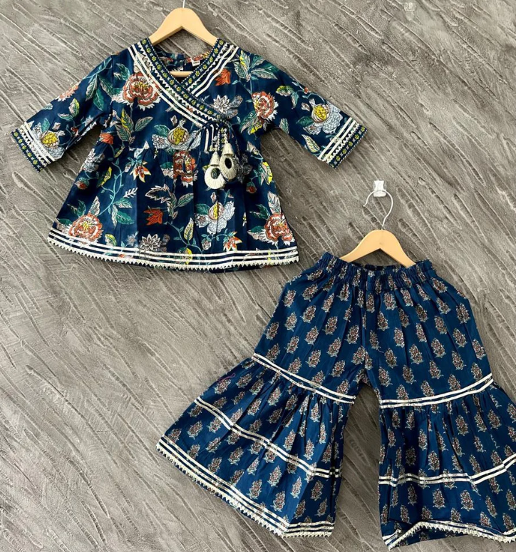 Girls Pure Cotton Jaipur Block Printed Festive Suit Sets - Blue