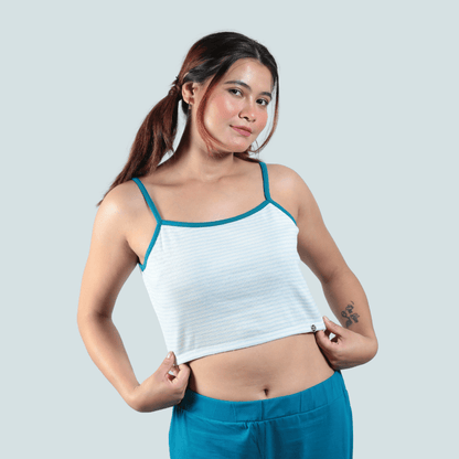 Bluebells Striped Spaghetti Cotton Crop Top – Womens Top on Brown Living™. SKU: 007CROPBLUEWHITEXS. Img 3.