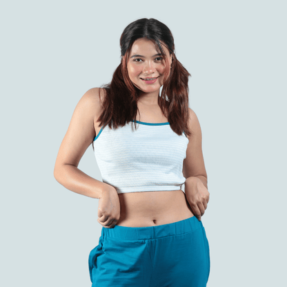 Bluebells Striped Spaghetti Cotton Crop Top – Womens Top on Brown Living™. SKU: 007CROPBLUEWHITEXS. Img 1.