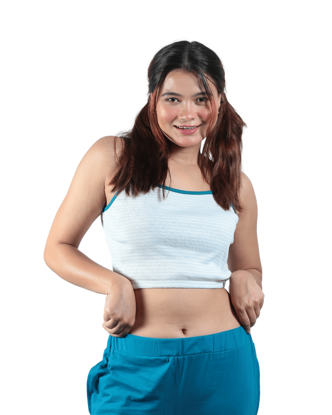 Bluebells Striped Spaghetti Cotton Crop Top – Womens Top on Brown Living™. SKU: 007CROPBLUEWHITEXS. Img 6.