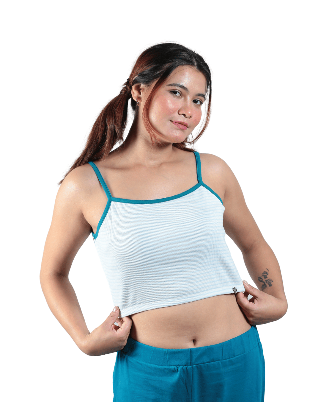 Bluebells Striped Spaghetti Cotton Crop Top – Womens Top on Brown Living™. SKU: 007CROPBLUEWHITEXS. Img 3.