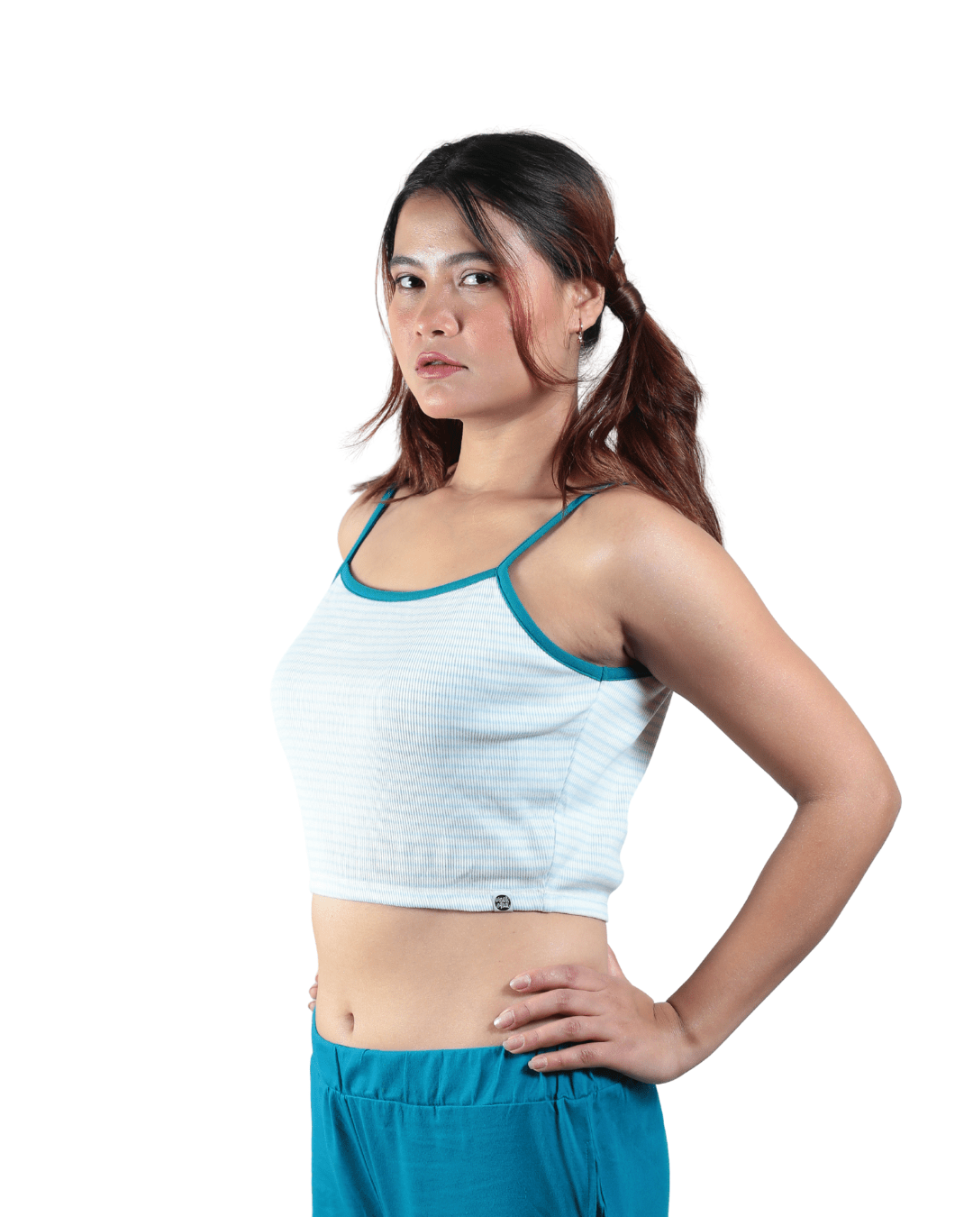 Bluebells Striped Spaghetti Cotton Crop Top – Womens Top on Brown Living™. SKU: 007CROPBLUEWHITEXS. Img 5.