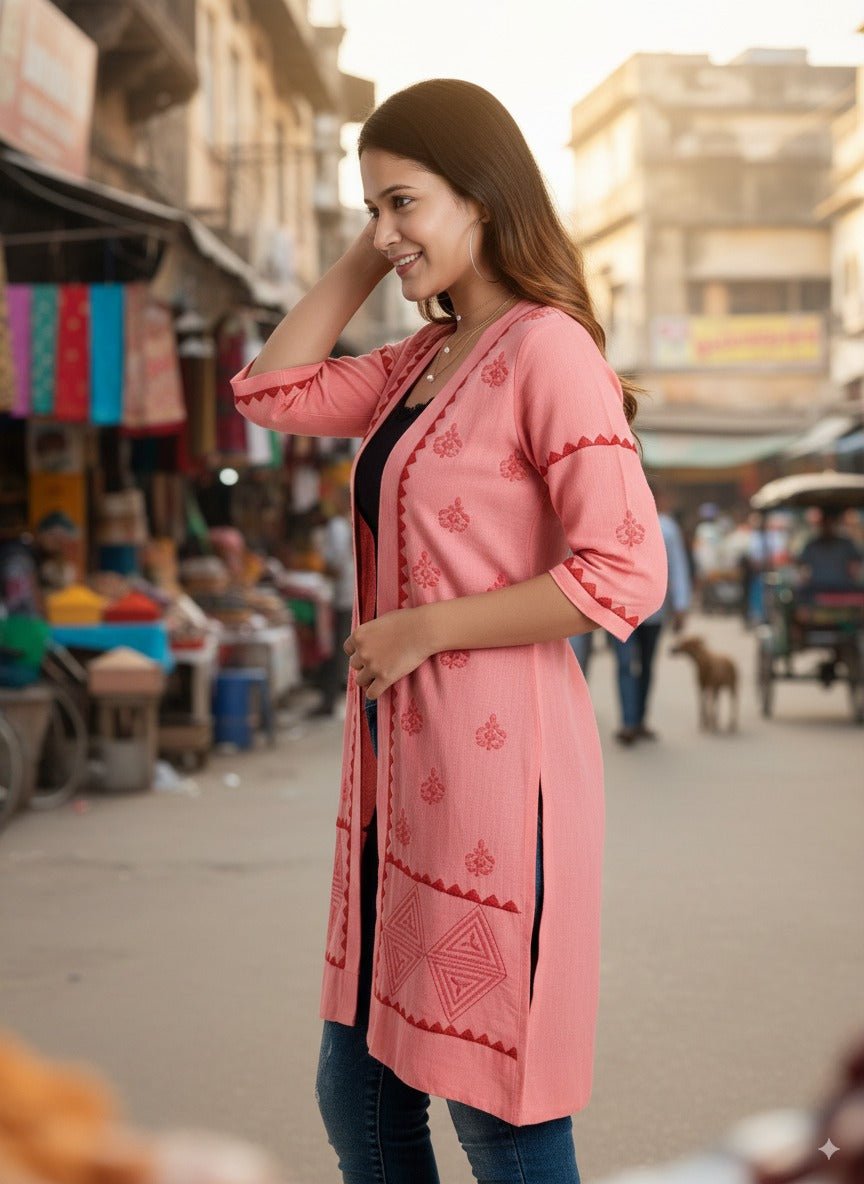 Blush Bloom Chikankari Cape for Women – Hand - Embroidered Layering Cape – Womens Jacket on Brown Living™. SKU: J02008. Img 4.