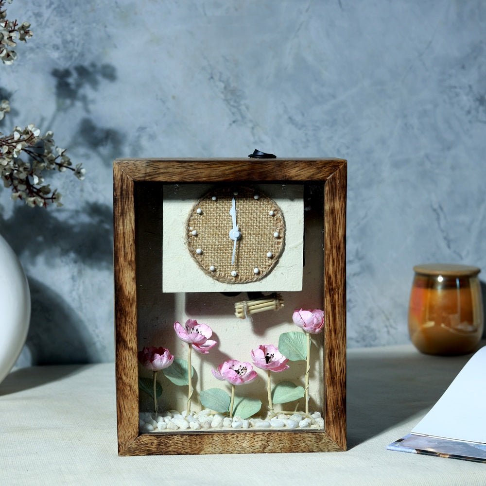 Blush Bloom Table Clock | Elegant Floral Wooden Desk Clock – Home Decor on Brown Living™. SKU: CL-BB. Img 1.