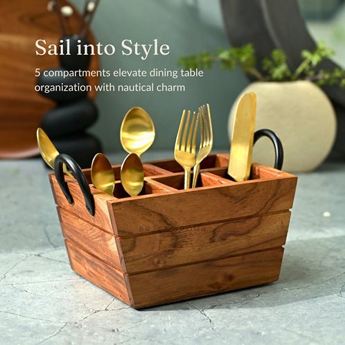 Boat Wooden Cutlery Caddy/Holder with Horseshoe Handle | Verified Sustainable by Brown Living™