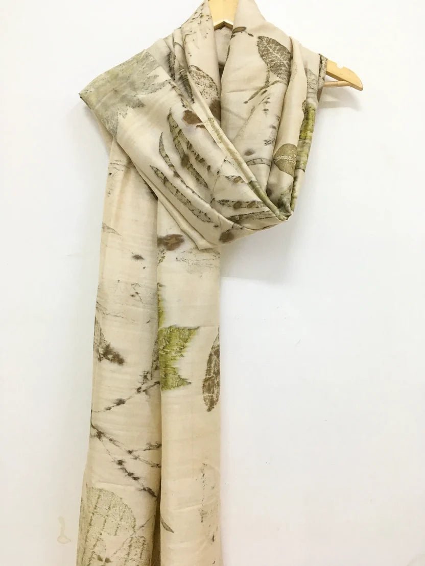 Botanical Eco Printed Mulberry Silk Dupatta | Handcrafted Silk Dupatta – Womens Scarf on Brown Living™. SKU: MS1. Img 3.