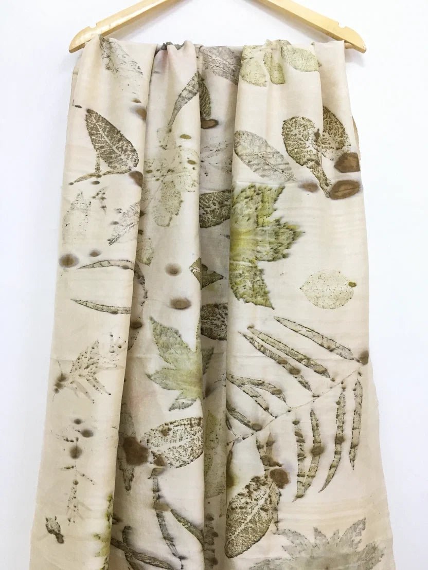 Botanical Eco Printed Mulberry Silk Dupatta | Handcrafted Silk Dupatta – Womens Scarf on Brown Living™. SKU: MS1. Img 1.