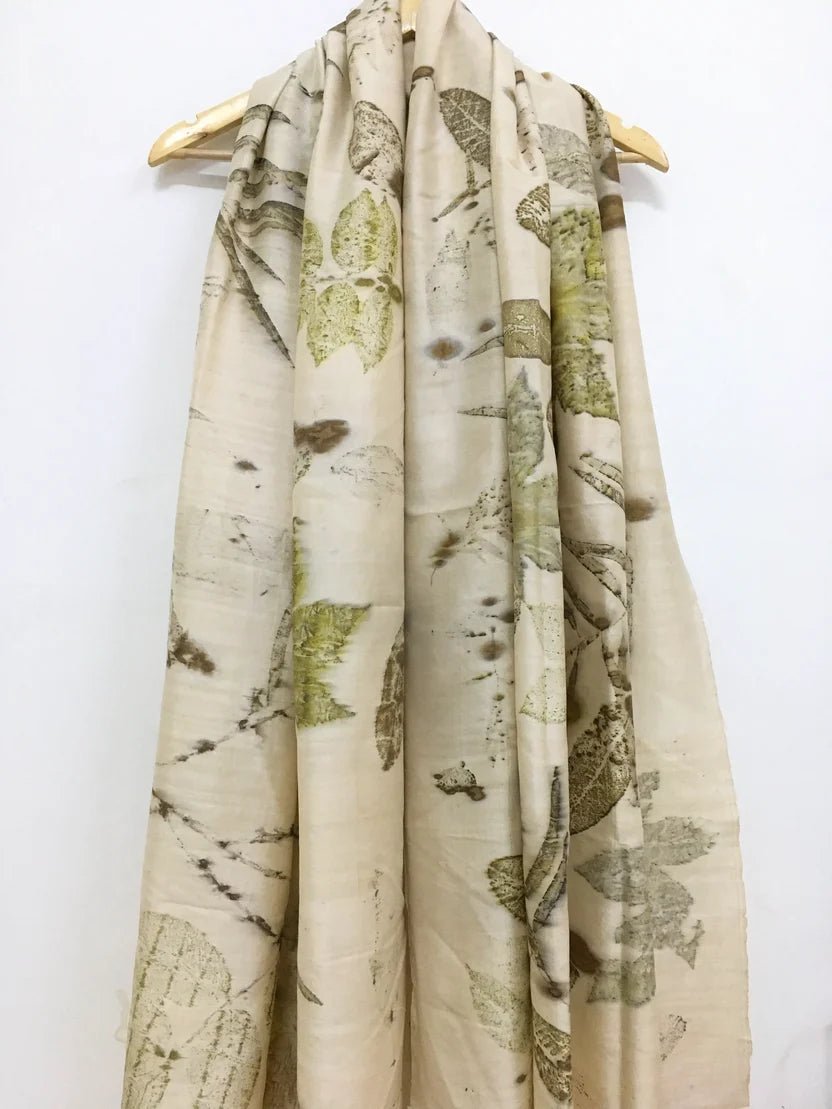 Botanical Eco Printed Mulberry Silk Dupatta | Handcrafted Silk Dupatta – Womens Scarf on Brown Living™. SKU: MS1. Img 2.