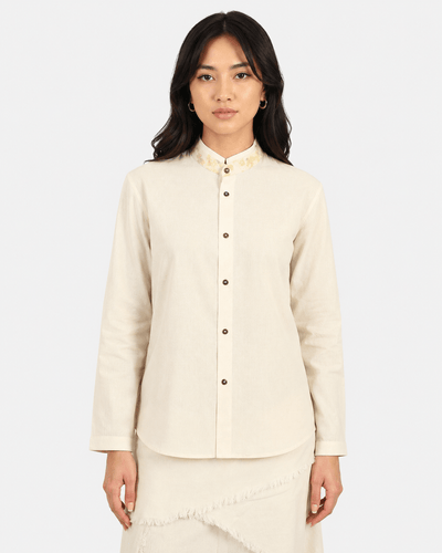 Botanical Impression Collar Shirt – Nature Inspired Cotton Shirt – Womens Shirt on Brown Living™. SKU: ACL2026004. Img 6.