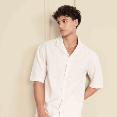 Box Fit Cuban Collar Shirt For Men | Cream – Men Shirt on Brown Living™. SKU: 1012_38. Img 4.