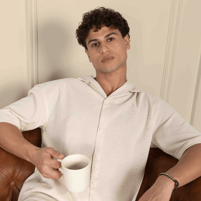 Box Fit Cuban Collar Shirt For Men | Cream – Men Shirt on Brown Living™. SKU: 1012_38. Img 5.