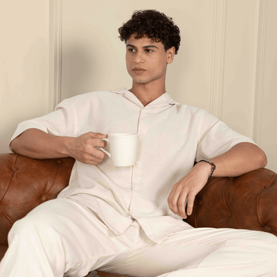 Box Fit Cuban Collar Shirt For Men | Cream – Men Shirt on Brown Living™. SKU: 1012_38. Img 6.