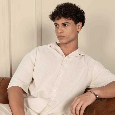 Box Fit Cuban Collar Shirt For Men | Cream – Men Shirt on Brown Living™. SKU: 1012_38. Img 7.