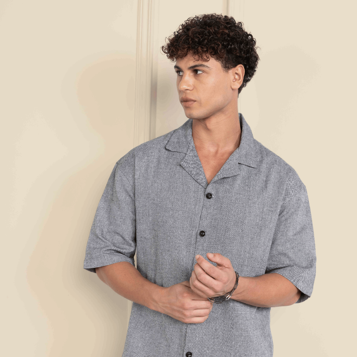 Box Fit Cuban Collar Shirt For Men | Grey – Men Shirt by Hope - House of Pure Eco available on Brown Living™. 38 . SKU: 1013_38. Img 4.