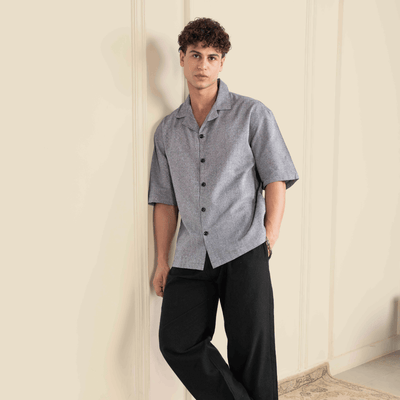 Box Fit Cuban Collar Shirt For Men | Grey – Men Shirt on Brown Living™. SKU: 1013_38. Img 1.