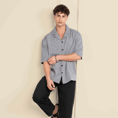 Box Fit Cuban Collar Shirt For Men | Grey – Men Shirt on Brown Living™. SKU: 1013_38. Img 8.