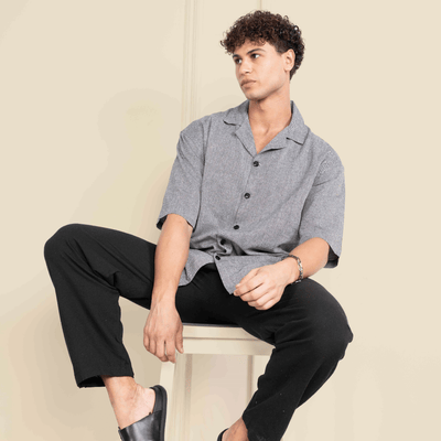 Box Fit Cuban Collar Shirt For Men | Grey – Men Shirt on Brown Living™. SKU: 1013_38. Img 2.