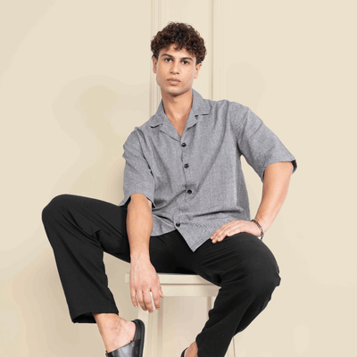 Box Fit Cuban Collar Shirt For Men | Grey – Men Shirt on Brown Living™. SKU: 1013_38. Img 6.