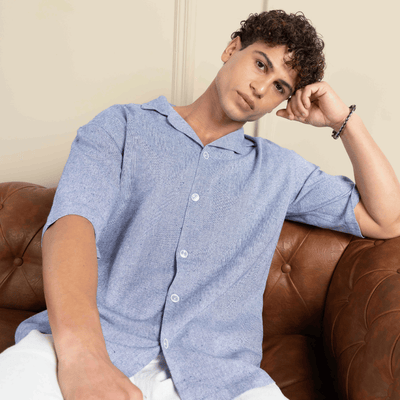 Box Fit Cuban Collar Shirt For Men | Lavender Blue – Men Shirt on Brown Living™. SKU: 1031_38. Img 7.