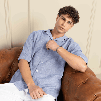 Box Fit Cuban Collar Shirt For Men | Lavender Blue – Men Shirt on Brown Living™. SKU: 1031_38. Img 4.